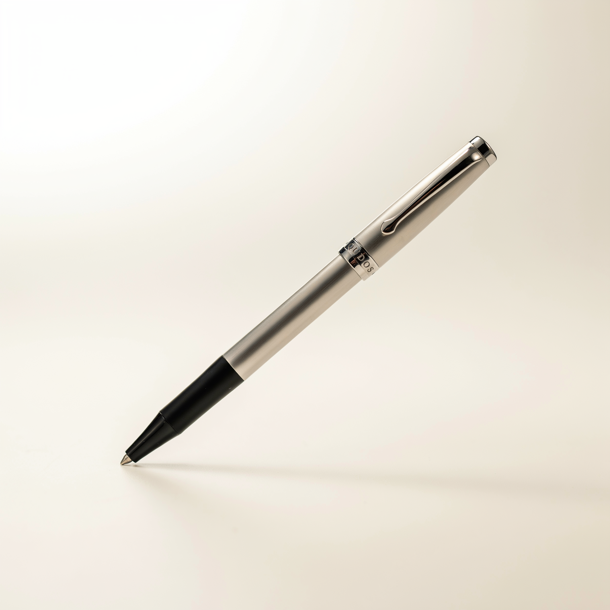 Qudos Signature Ballpoint Pen in brushed silver with black grip