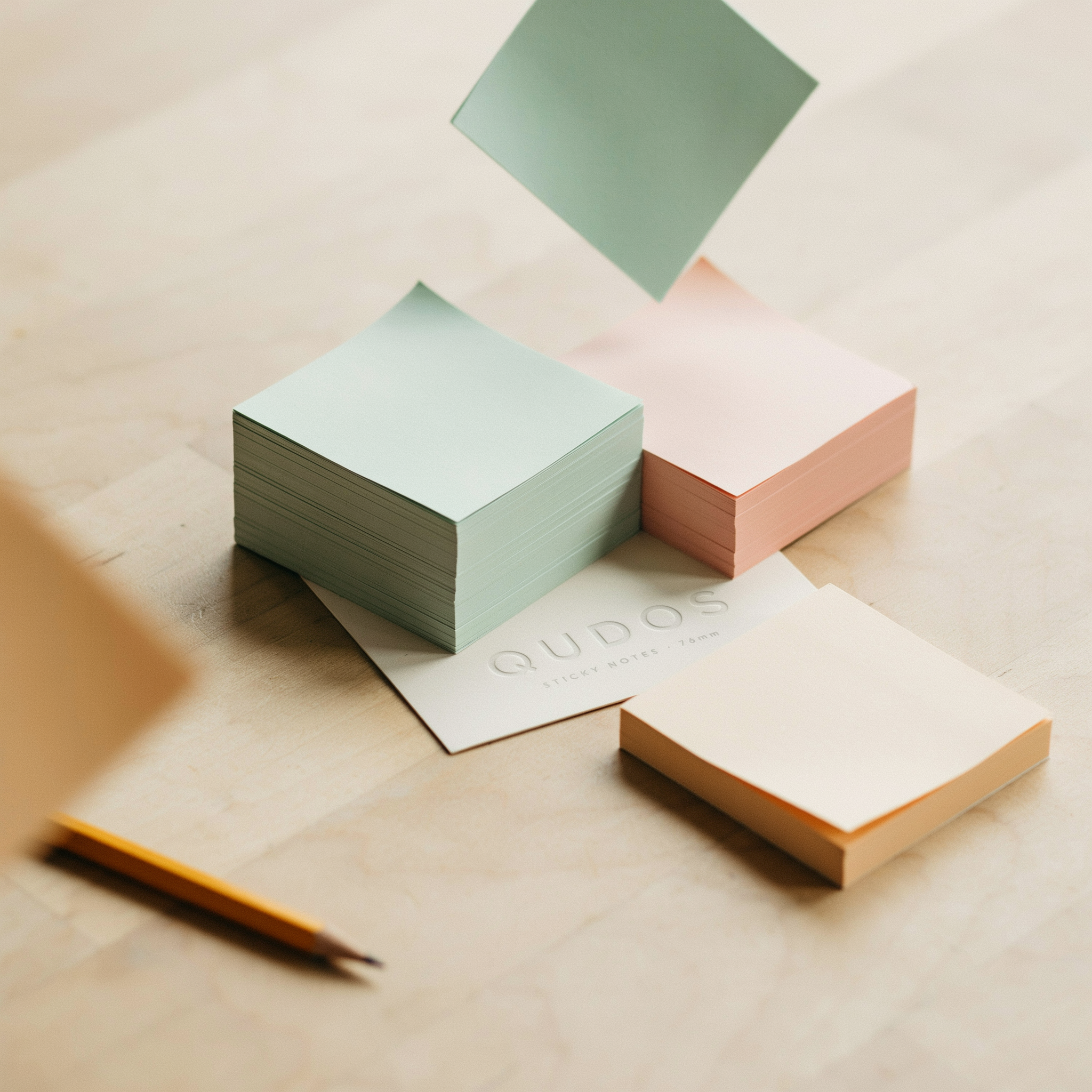 Pastel Qudos sticky notes in sage, blush and cream