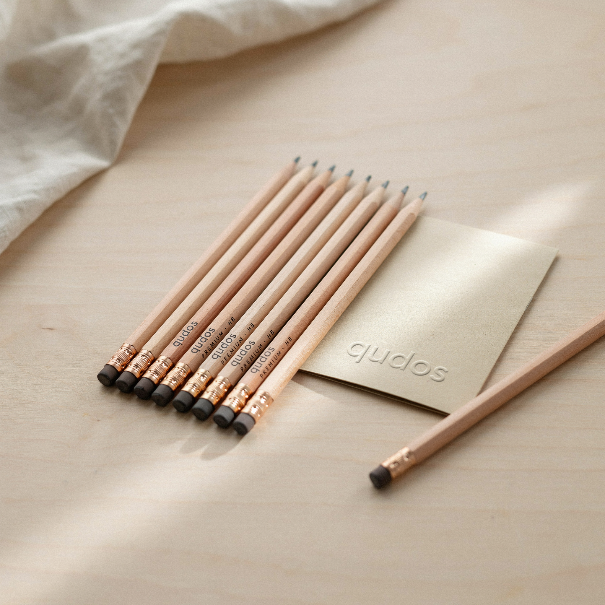 Set of Qudos natural wood HB pencils with brass ferrules